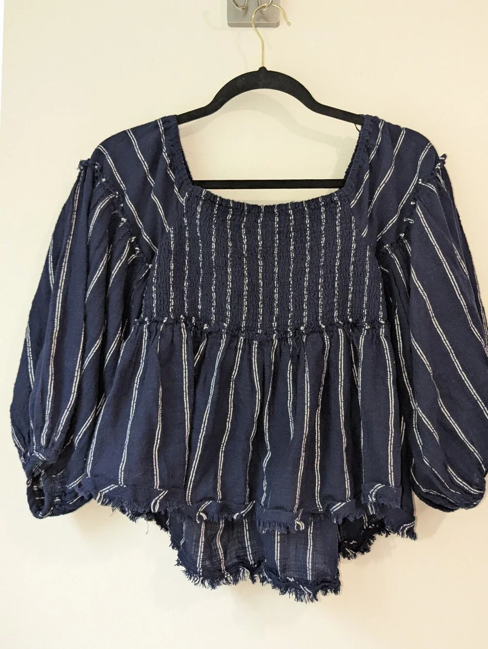 Free People Navy Blue Pinstripe Peasant Top